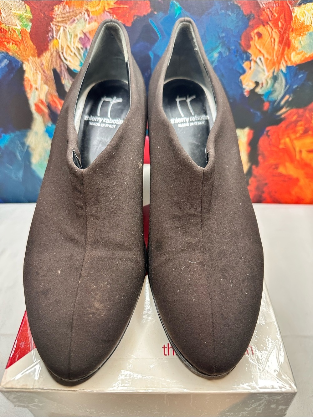 No.22 Thierry Rabotin Flair Brown Stretch Fabric Block Heel Pumps Size 39